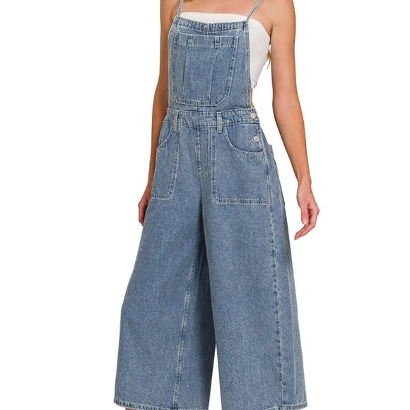 Zenana Denim Medium Washed Wide Leg Overalls - Picture 4 of 15